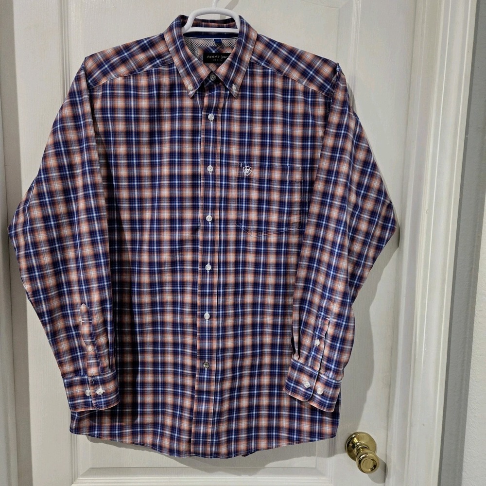 Ariat Pro Series  Long Sleeve ButtonUp Shirt Large Blue Orange Plaid Western